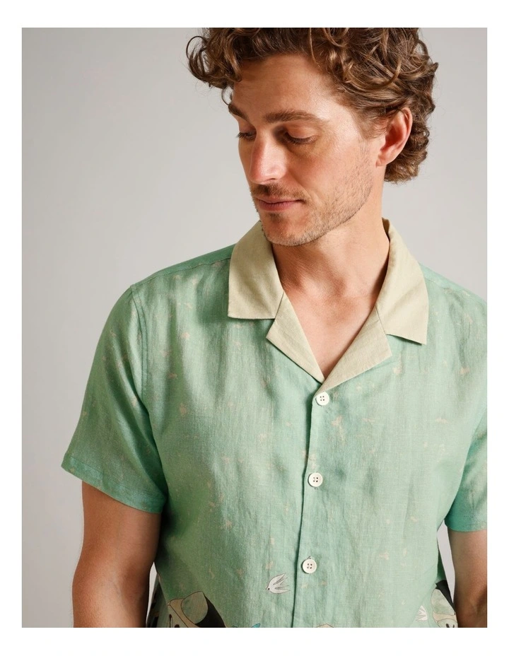 Asher Abstract Print Short Sleeve Linen Blend Shirt in Sage image 4