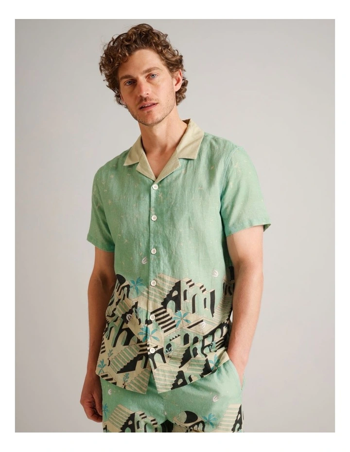 Asher Abstract Print Short Sleeve Linen Blend Shirt in Sage image 5