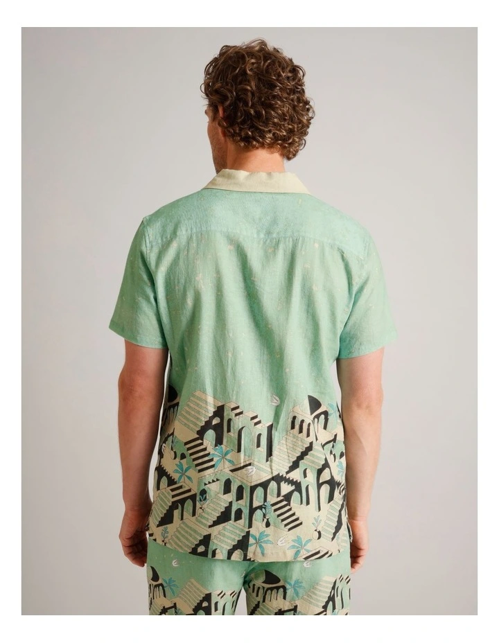Asher Abstract Print Short Sleeve Linen Blend Shirt in Sage image 6