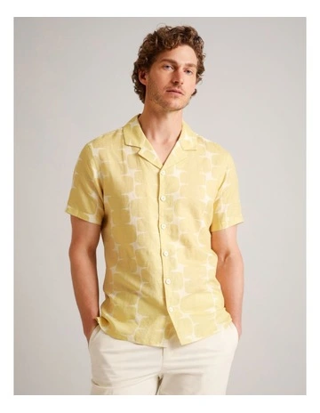 Logan Abstract Print Short Sleeve Linen Blend Shirt in Yellow