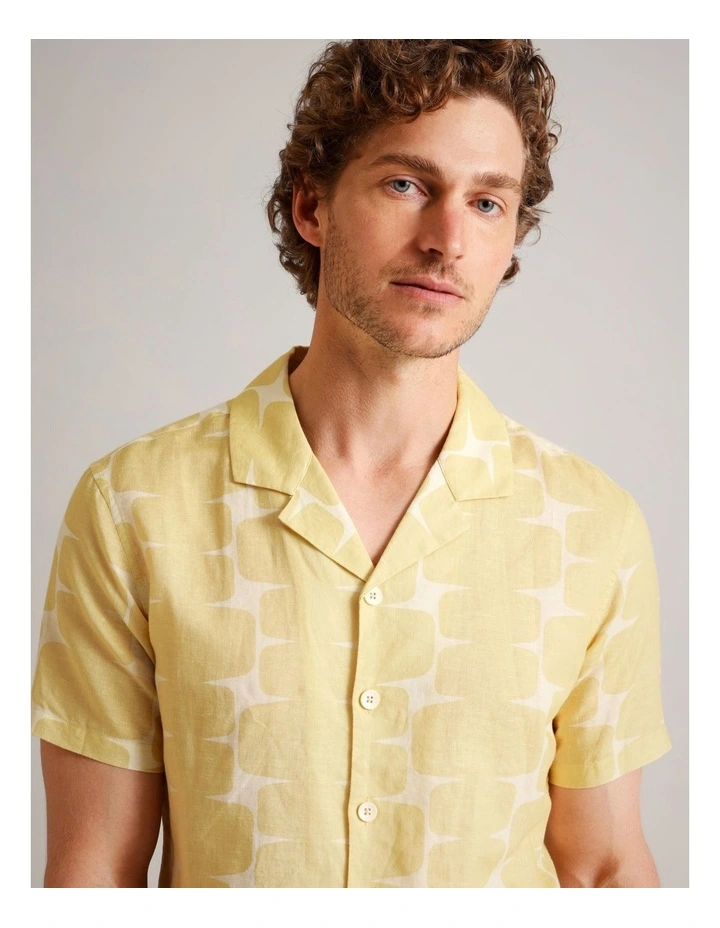 Logan Abstract Print Short Sleeve Linen Blend Shirt in Yellow image 3