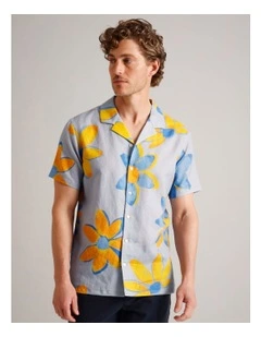 Hector Floral Short Sleeve Linen Blend Shirt in Light Blue