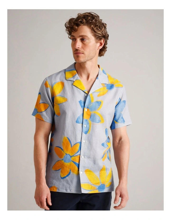 Hector Floral Short Sleeve Linen Blend Shirt in Light Blue image 1