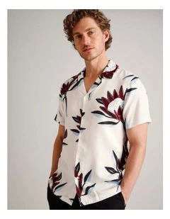 Tony Floral Print Short Sleeve Lyocell Shirt in White