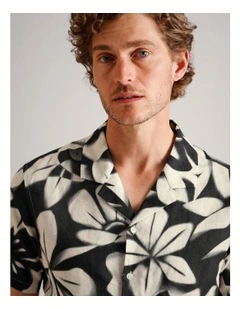 Carter Abstract Print Short Sleeve Linen Blend Shirt in Black