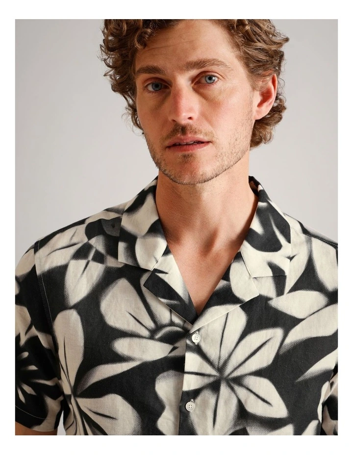 Carter Abstract Print Short Sleeve Linen Blend Shirt in Black image 1