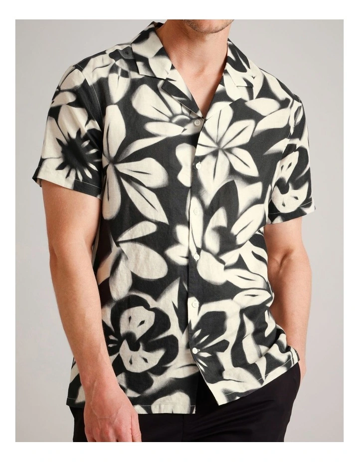 Carter Abstract Print Short Sleeve Linen Blend Shirt in Black image 4