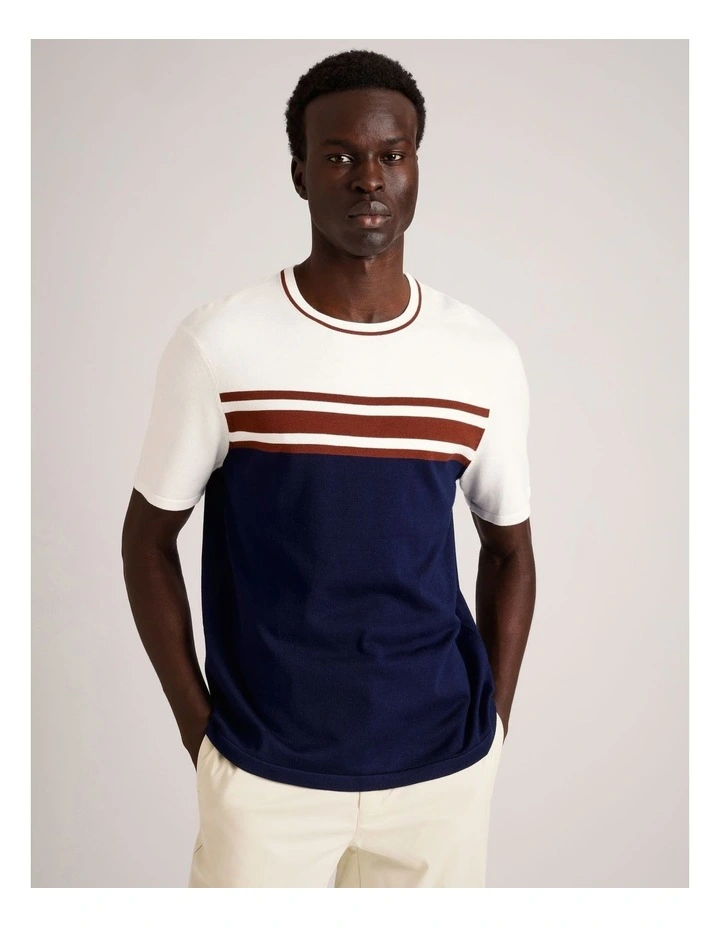 Luis Knit Panel Stripe Short Sleeve T-Shirt in Navy image 1