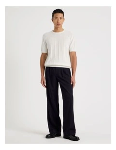 Wide Leg Pleated Twill Trousers in Navy