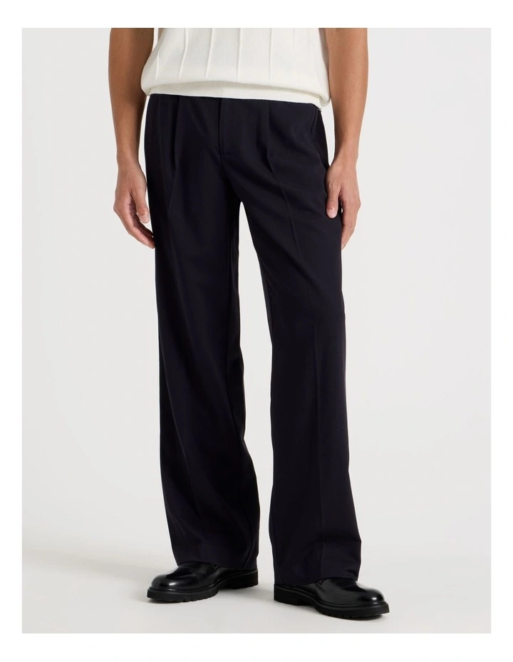Wide Leg Pleated Twill Trousers in Navy image 2