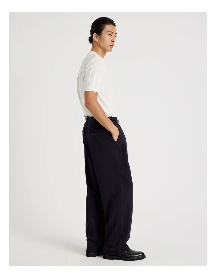 Wide Leg Pleated Twill Trousers in Navy image 3