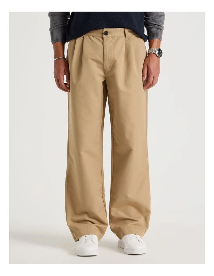 Double Pleat Tapered Fit Pants in Beige image 3
