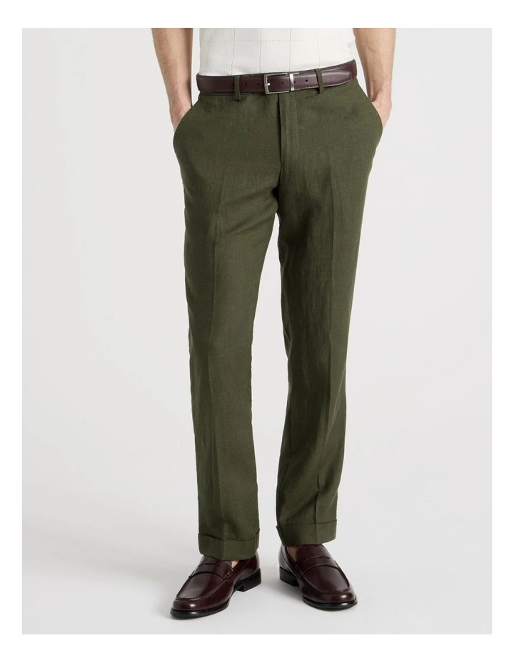 Slim Fit Linen Pants in Olive image 2