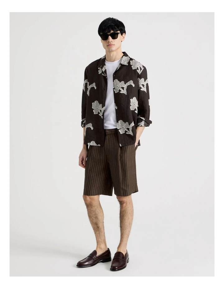 Pinstripe Linen Viscose Shorts in Chocolate image 1