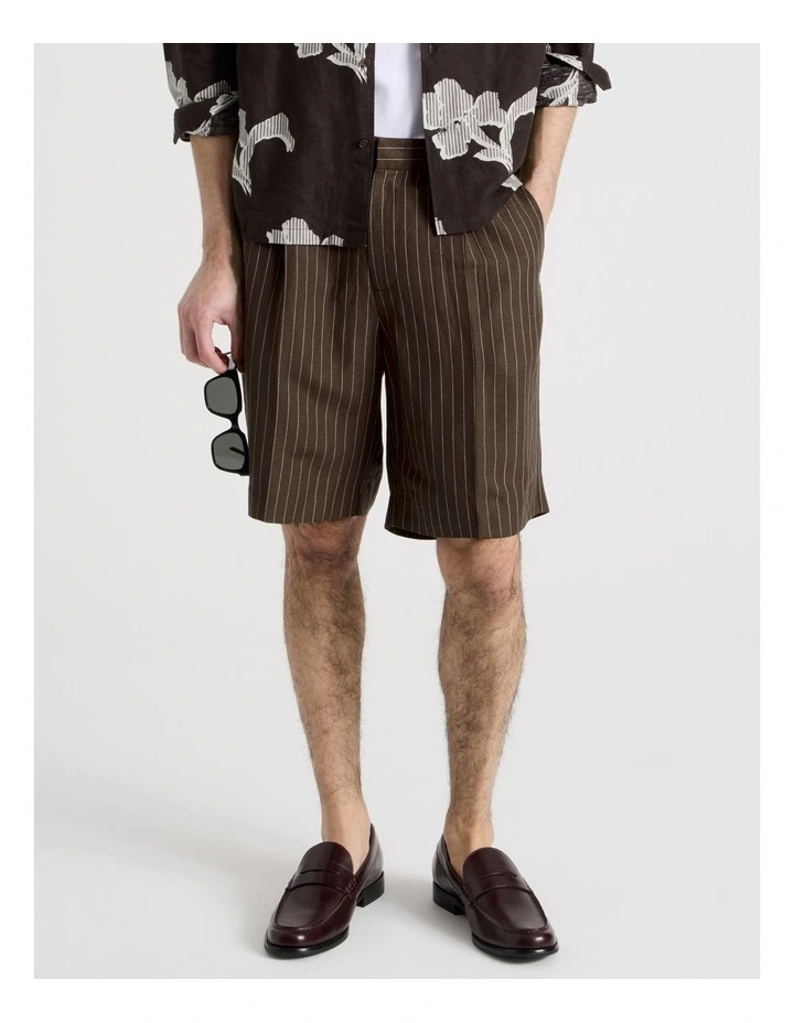 Pinstripe Linen Viscose Shorts in Chocolate image 2