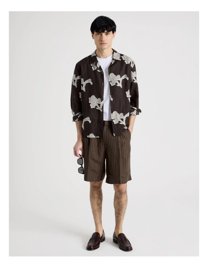 Pinstripe Linen Viscose Shorts in Chocolate image 3