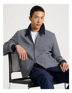 Wool Blend Check Jacket in Navy