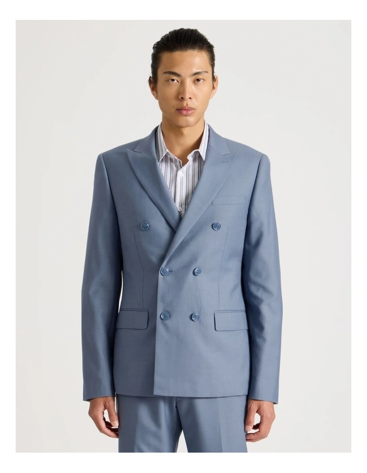 Double Breasted Wool Blazer in Blue image 3