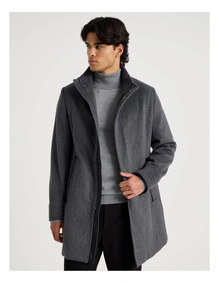Funnel Neck Wool Blend Coat in Grey image 3