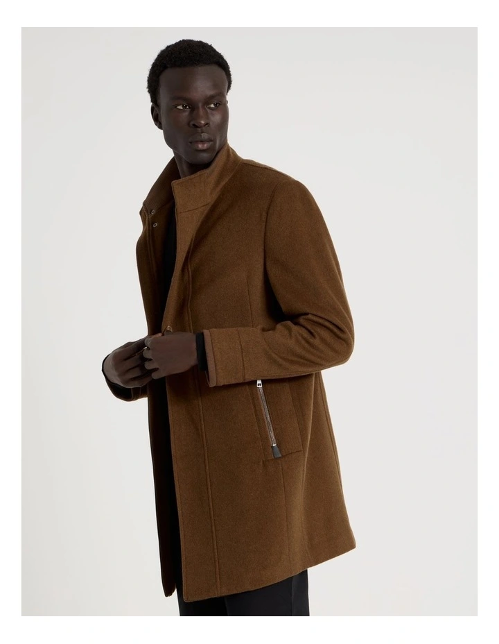 Funnel Neck Wool Blend Coat in Camel image 2