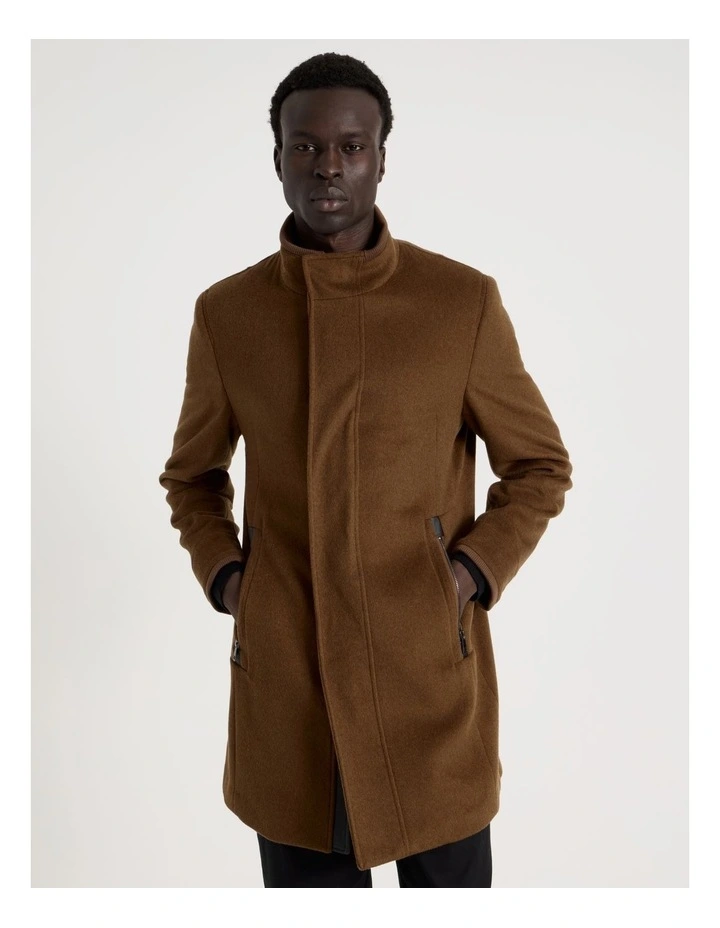Funnel Neck Wool Blend Coat in Camel image 3