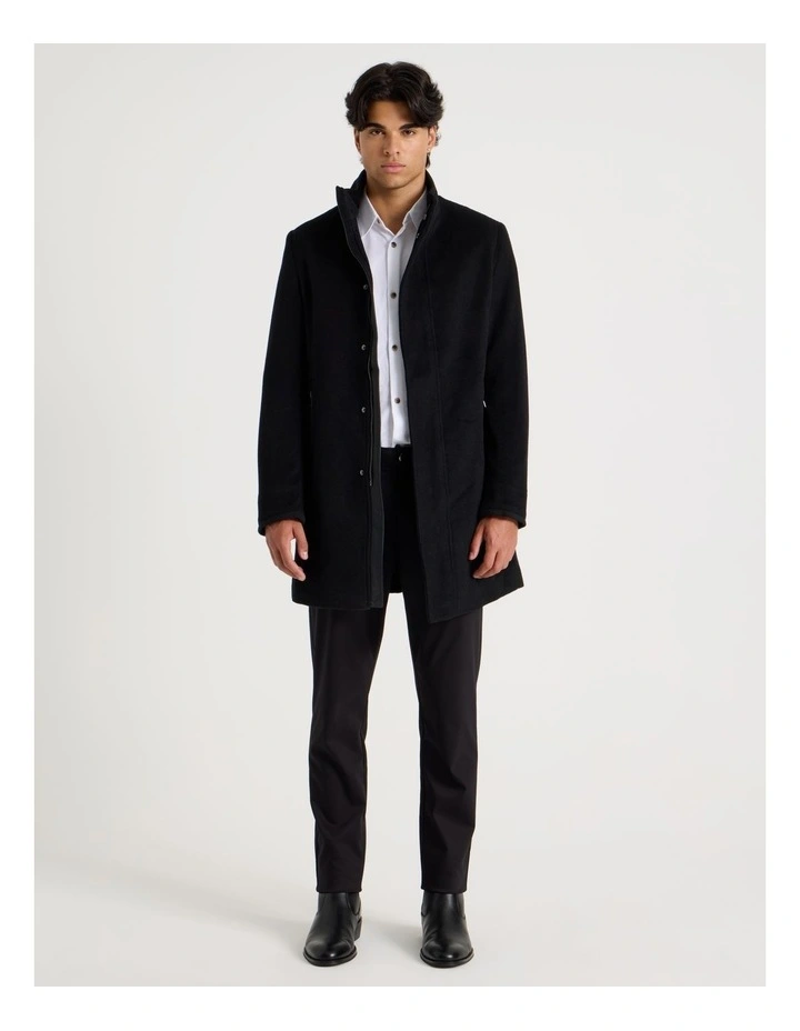 Funnel Neck Wool Blend Coat in Black image 2