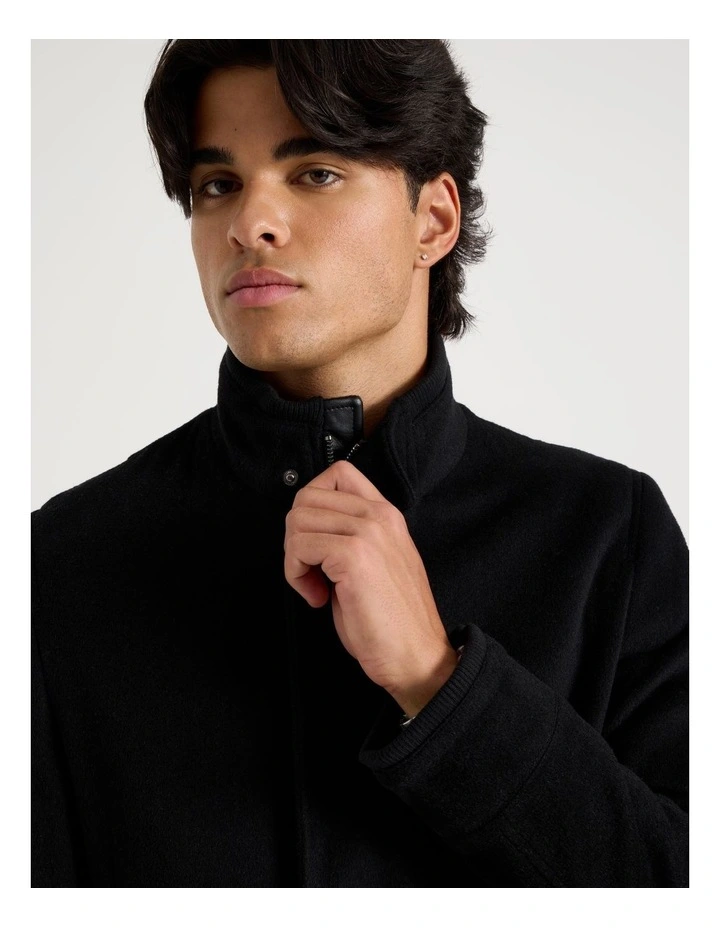 Funnel Neck Wool Blend Coat in Black image 3