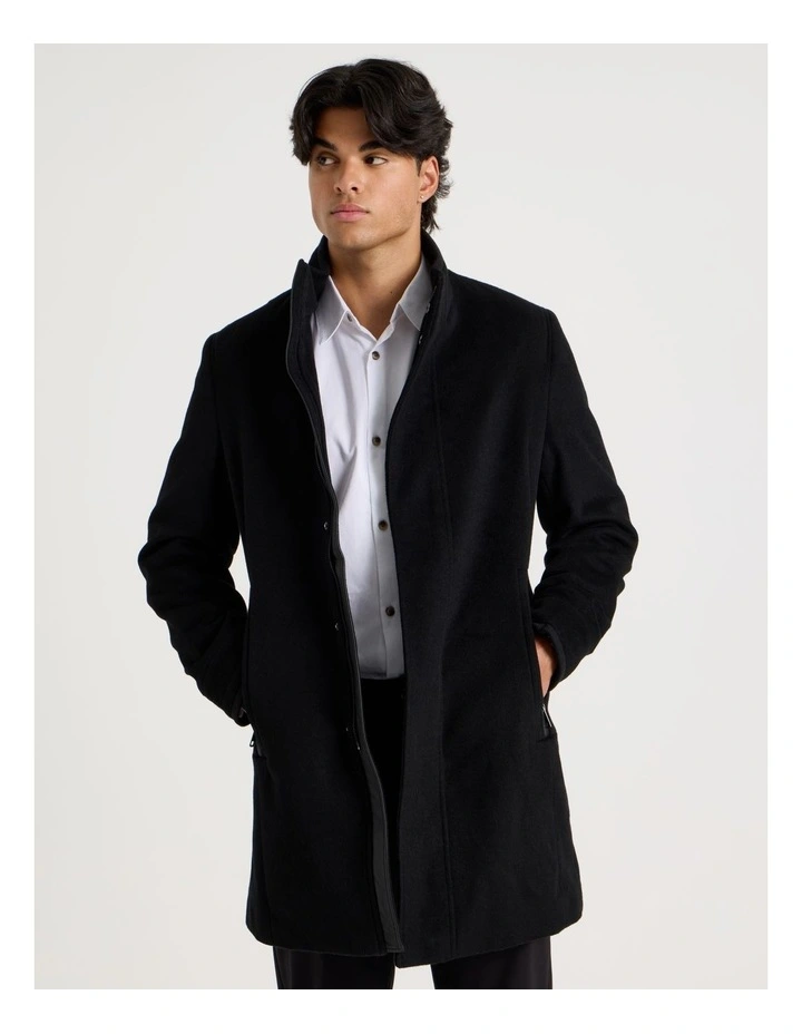 Funnel Neck Wool Blend Coat in Black image 4