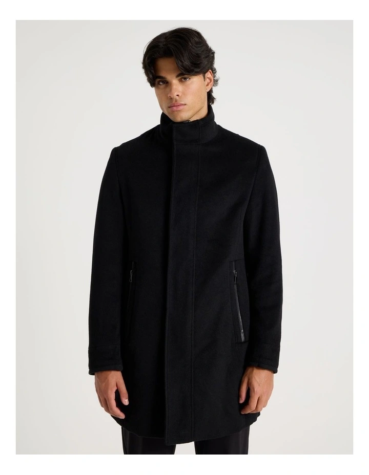 Funnel Neck Wool Blend Coat in Black image 5