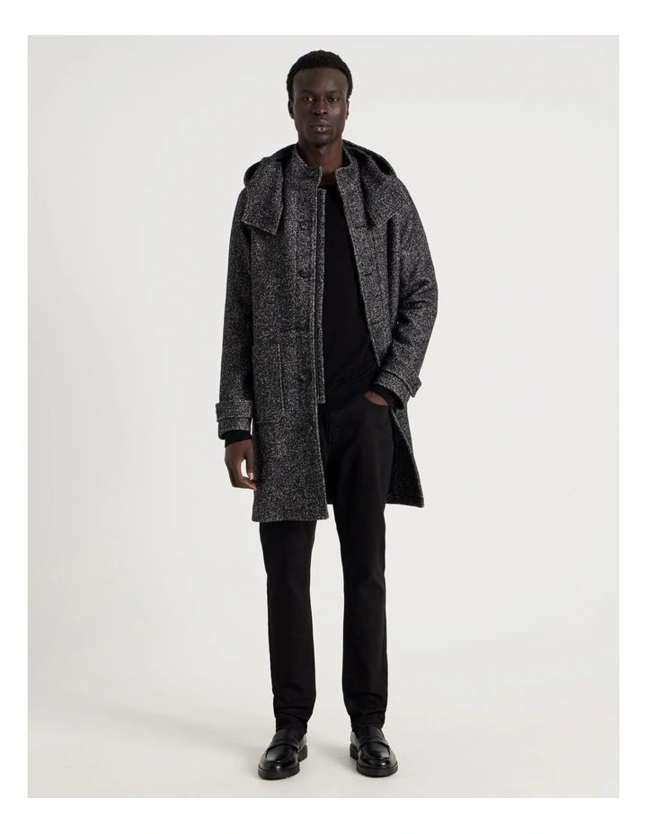 Hooded Textured Coat in Black image 1
