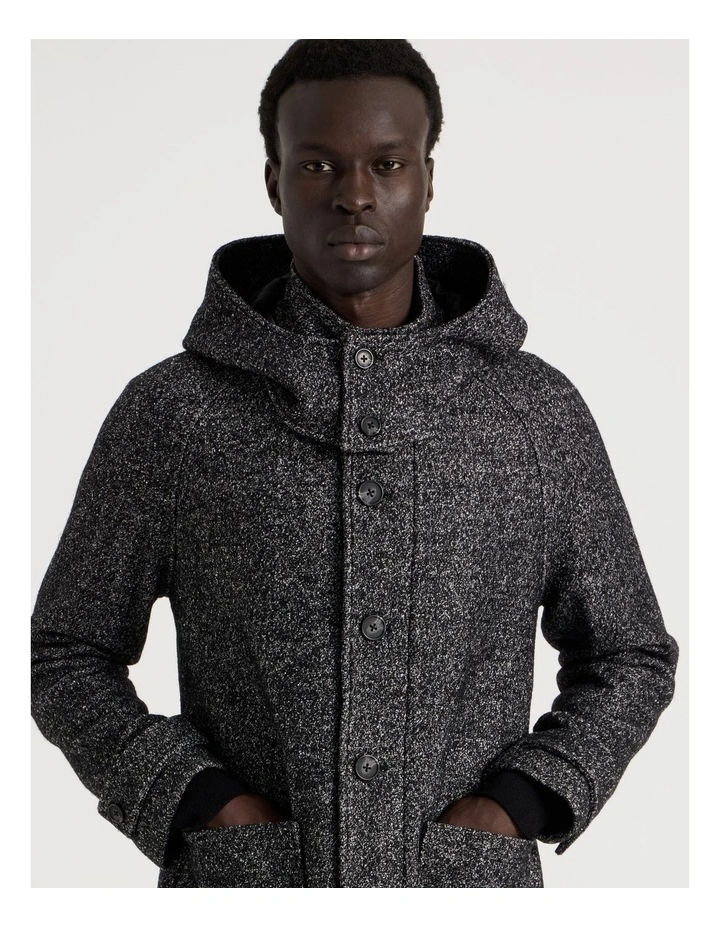 Hooded Textured Coat in Black image 2