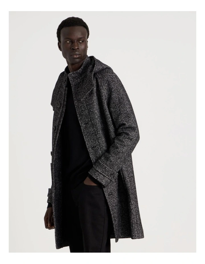 Hooded Textured Coat in Black image 3
