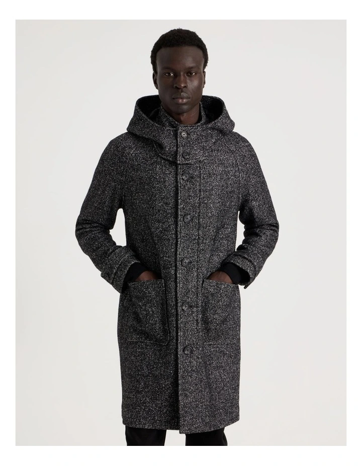 Hooded Textured Coat in Black image 4