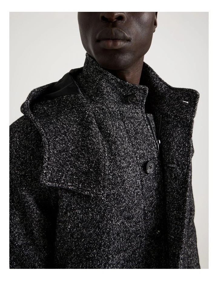 Hooded Textured Coat in Black image 6