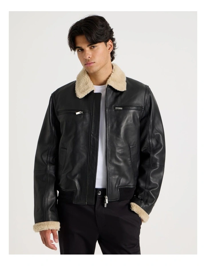 Leather Aviator Jacket in Black image 1