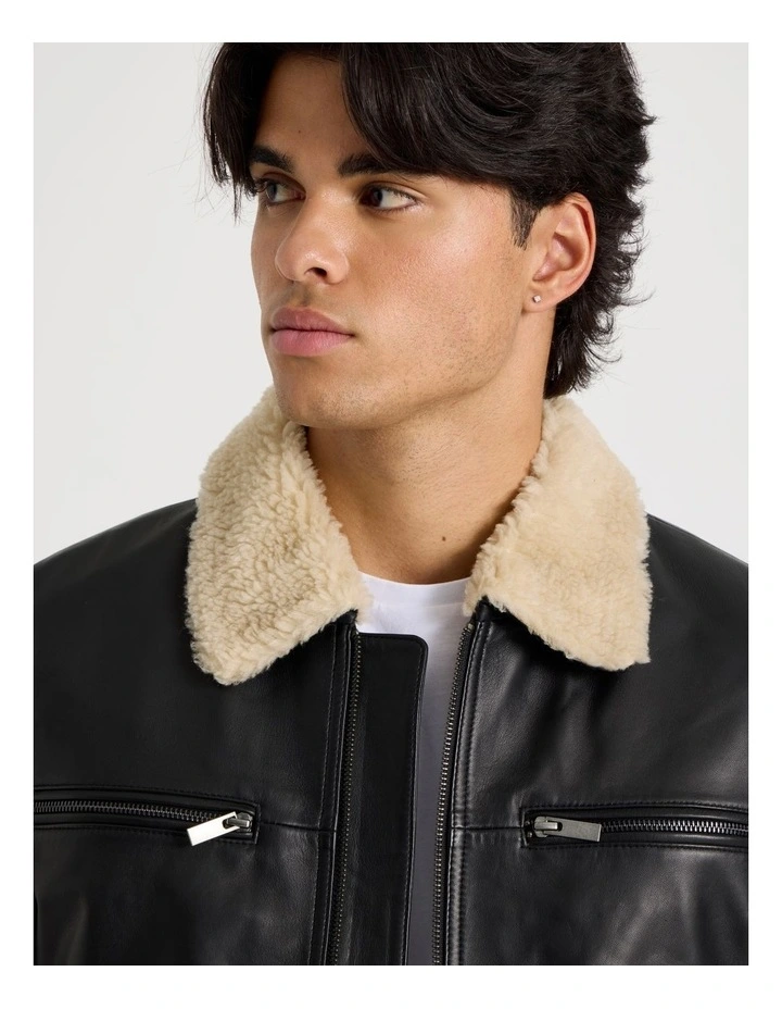 Leather Aviator Jacket in Black image 2