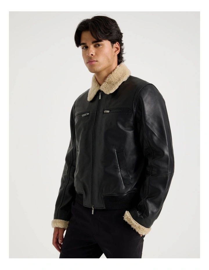 Leather Aviator Jacket in Black image 3