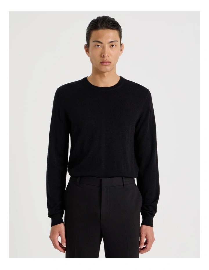 Crew Neck Australian Merino Wool Knit in Black image 1