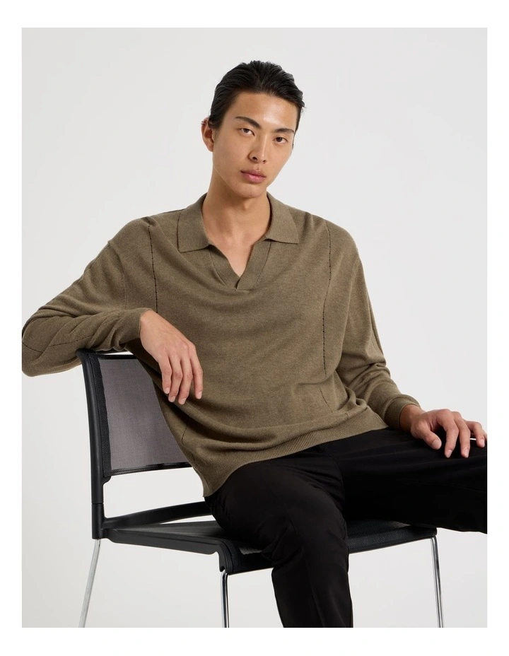 Johnny Collar Long Sleeve Knit Polo in Beige image 1