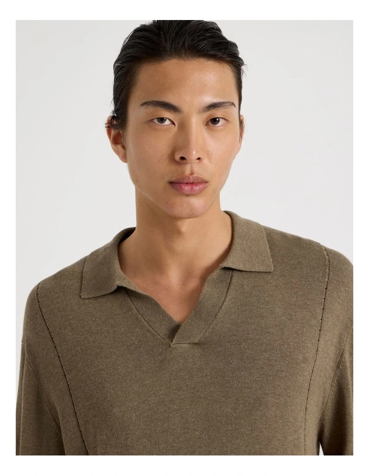 Johnny Collar Long Sleeve Knit Polo in Beige image 3