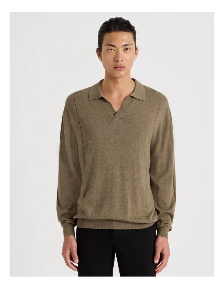 Johnny Collar Long Sleeve Knit Polo in Beige image 4