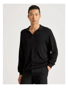 Johnny Collar Long Sleeve Knit Polo in Black
