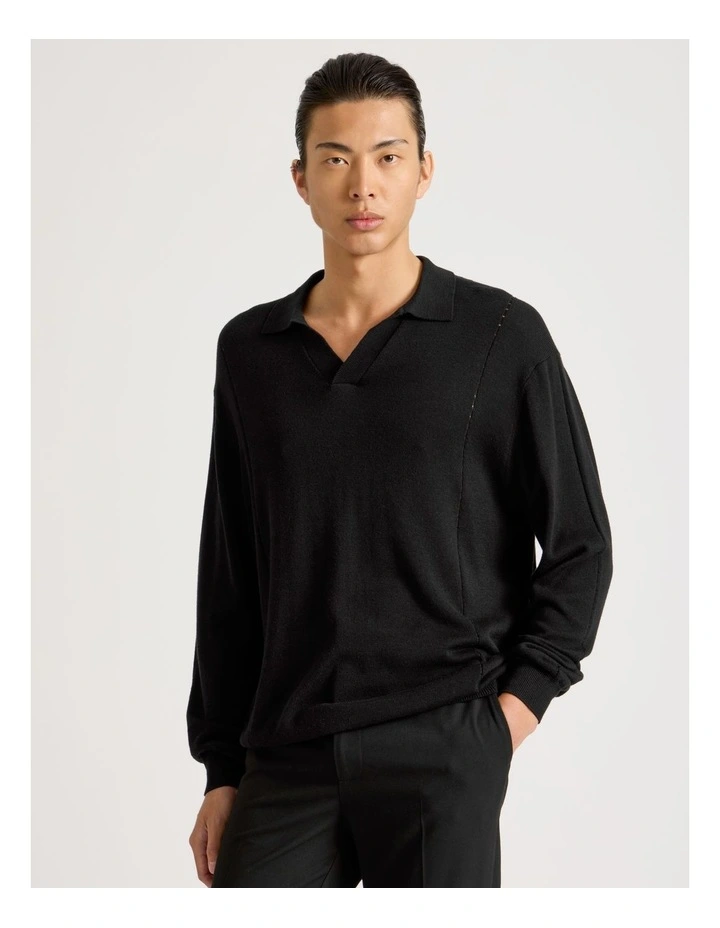 Johnny Collar Long Sleeve Knit Polo in Black image 1