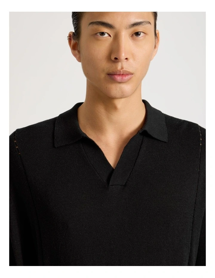 Johnny Collar Long Sleeve Knit Polo in Black image 3
