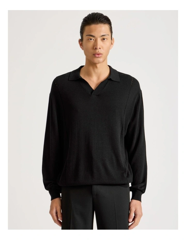 Johnny Collar Long Sleeve Knit Polo in Black image 4