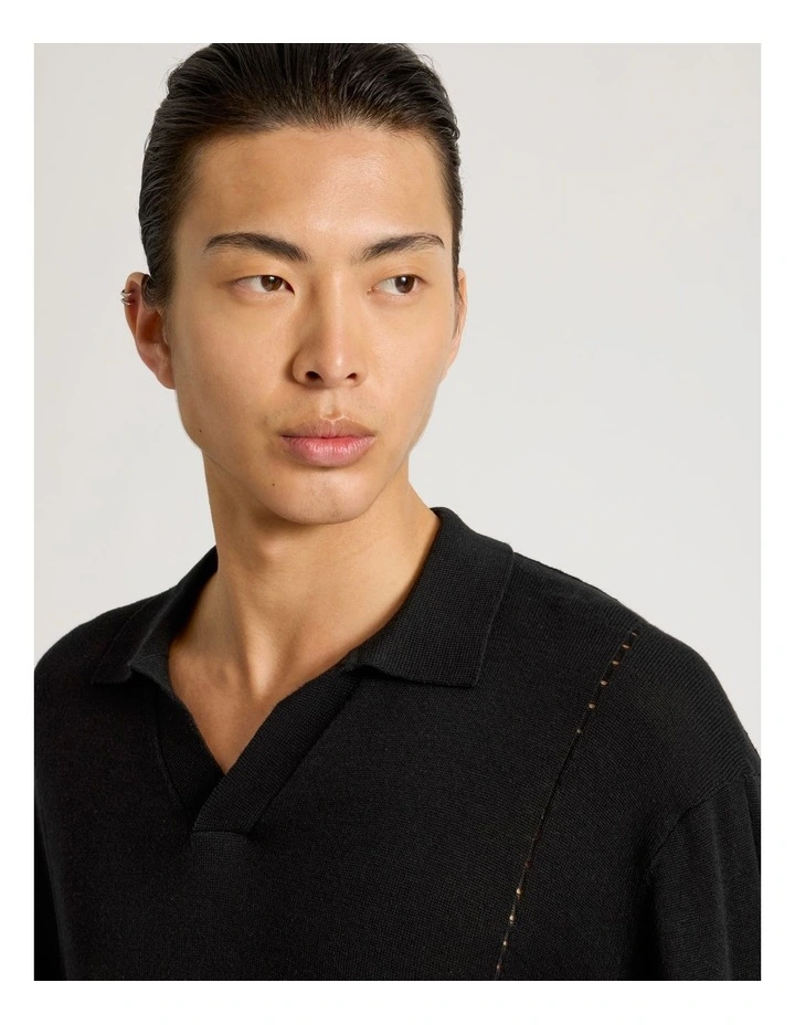 Johnny Collar Long Sleeve Knit Polo in Black image 5