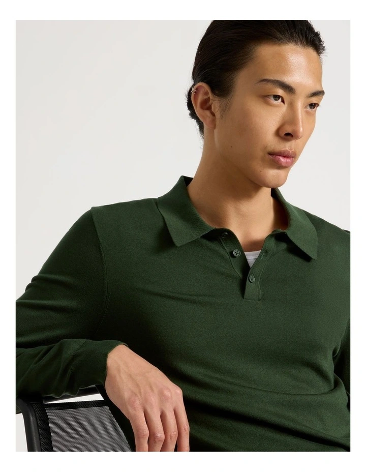 Long Sleeve Knit Polo in Green image 3