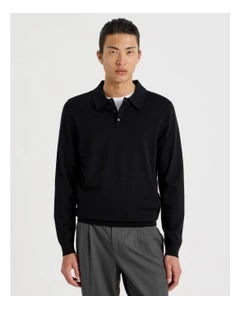 Long Sleeve Knit Polo in Black