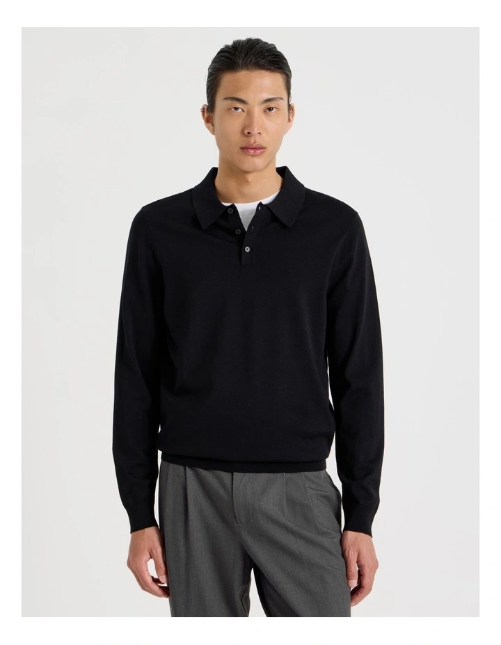Long Sleeve Knit Polo in Black image 1