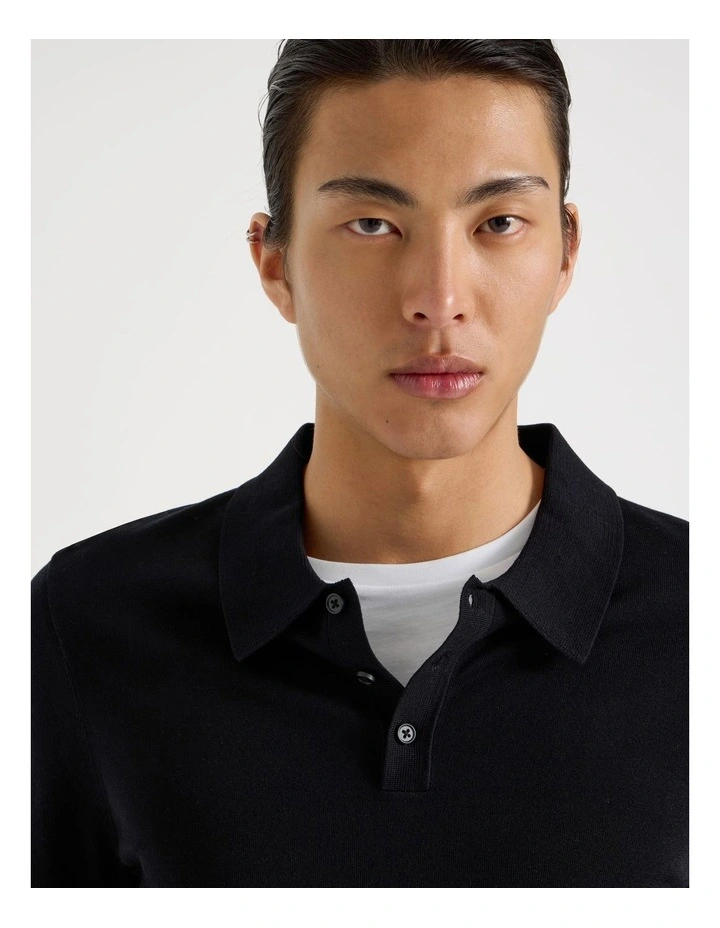 Long Sleeve Knit Polo in Black image 2